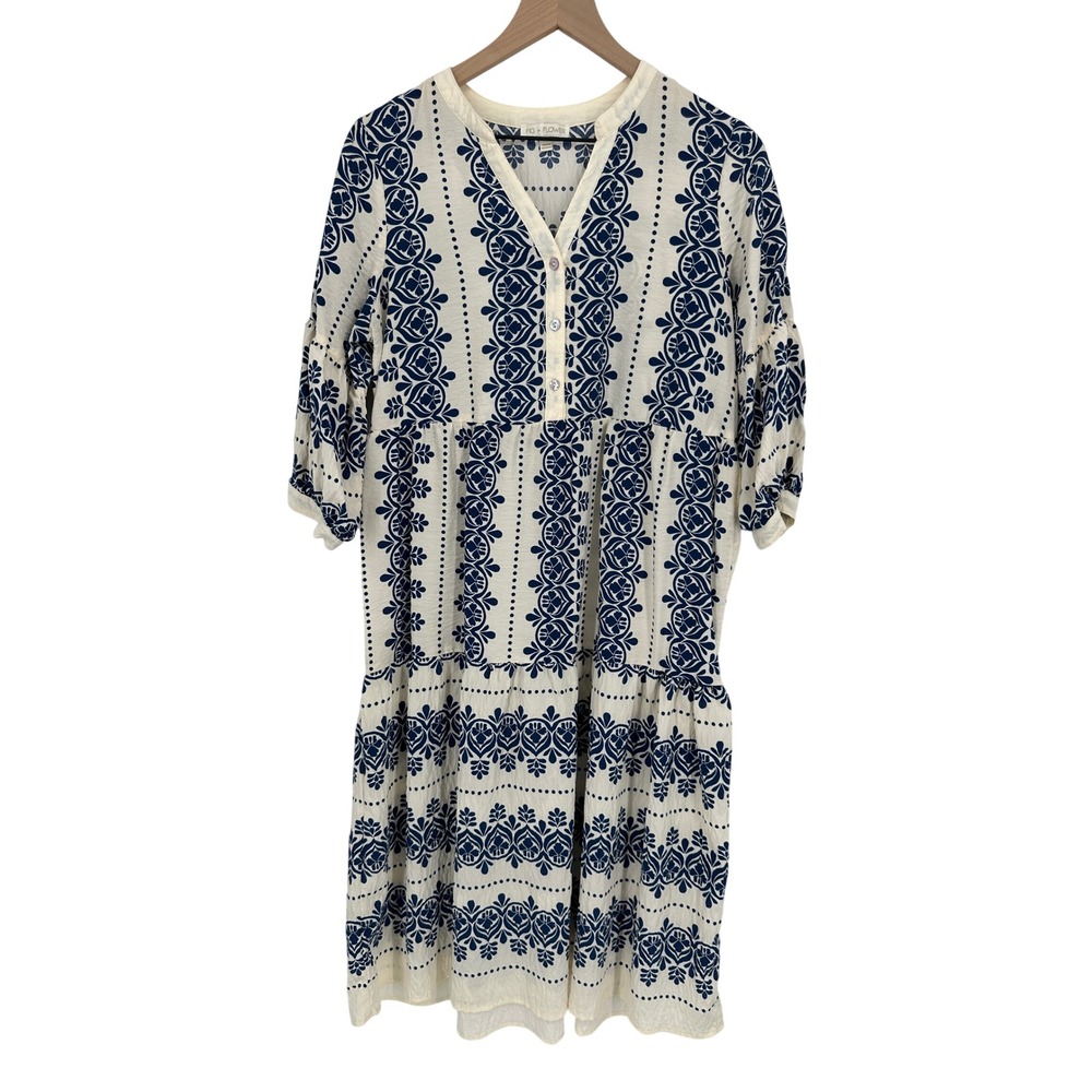 Fig‎ + Flower Dress Womens PL Blue  Cream Medallion Midi Tiered V-Neck Boho